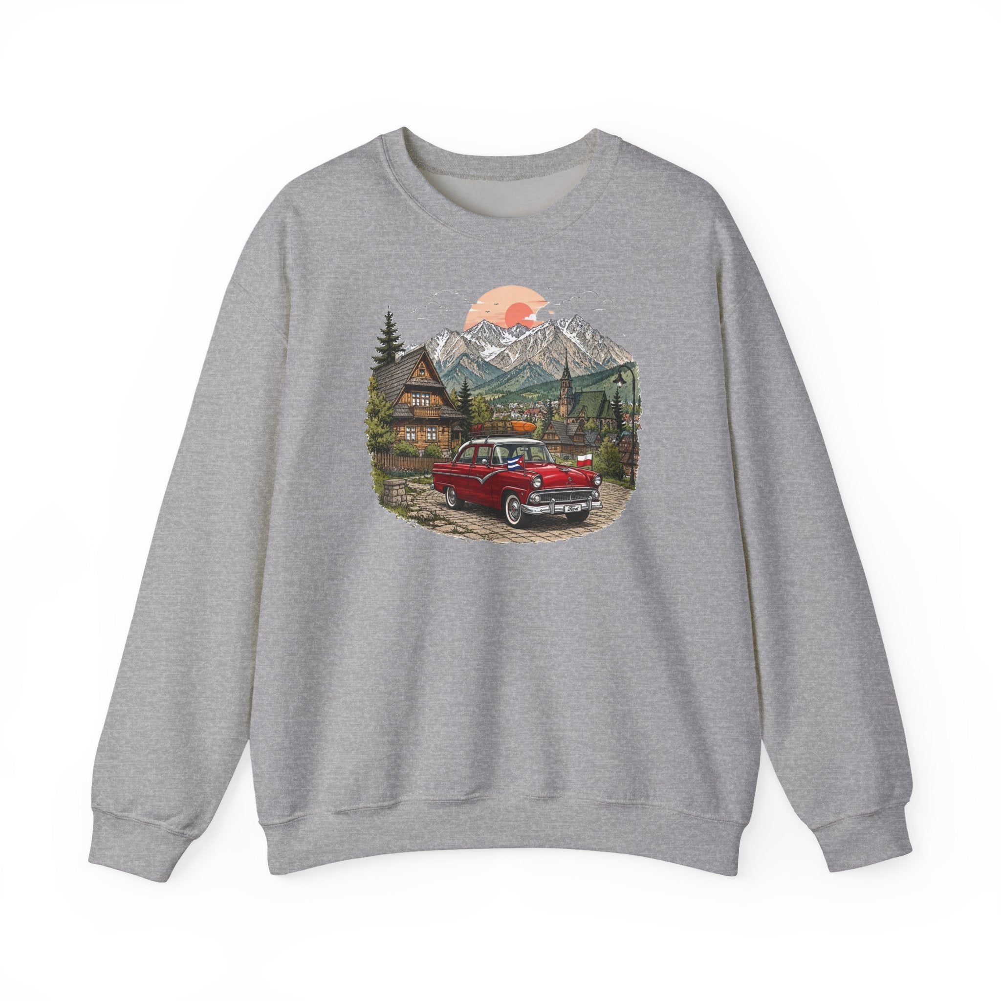 Vintage sweatshirt with the image of a Classic Cuban car in the mountains of Zakopane, Poland