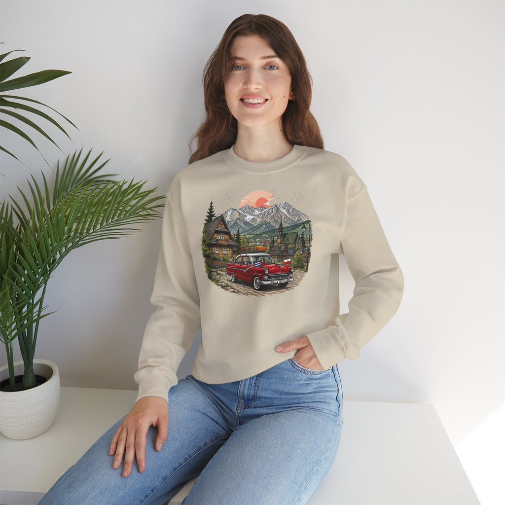 Vintage sweatshirt with the image of a Classic Cuban car in the mountains of Zakopane, Poland
