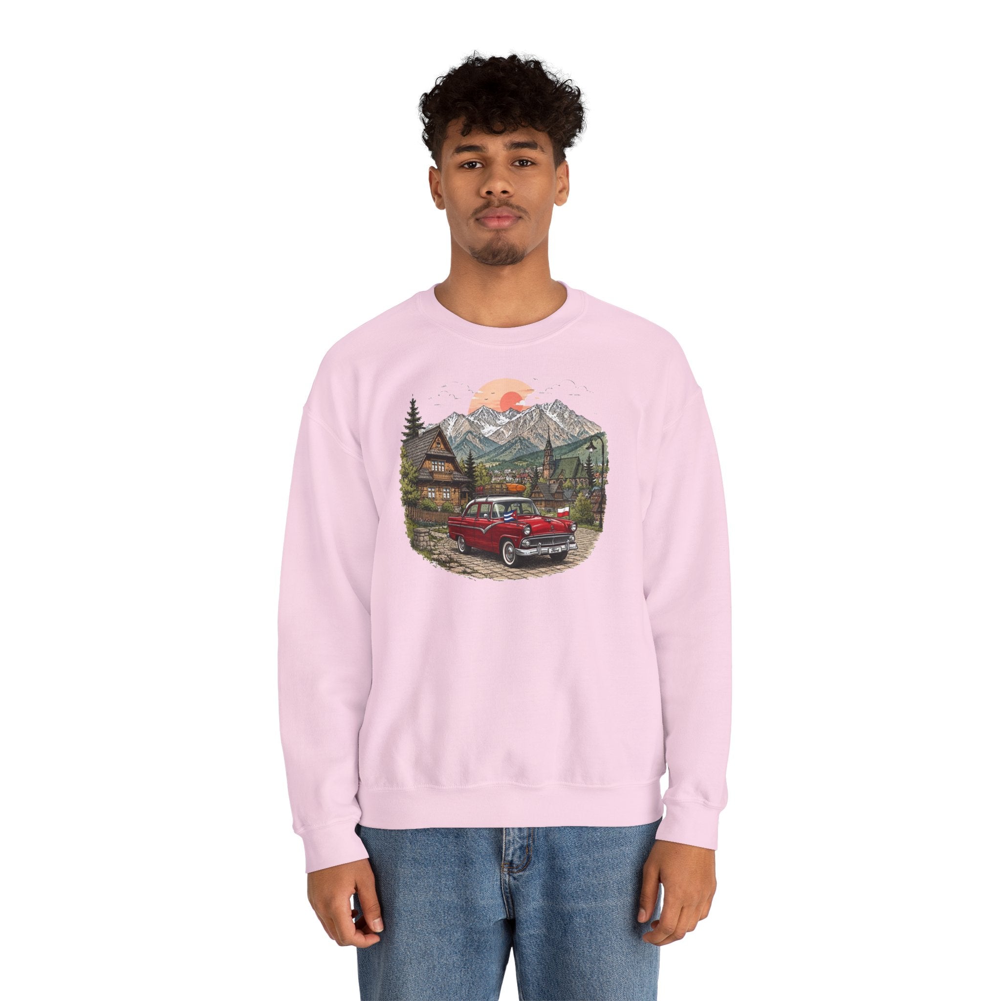 Vintage sweatshirt with the image of a Classic Cuban car in the mountains of Zakopane, Poland