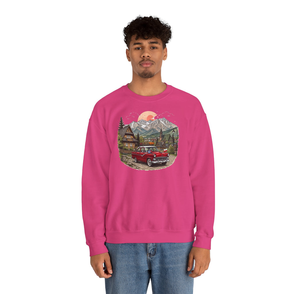 Vintage sweatshirt with the image of a Classic Cuban car in the mountains of Zakopane, Poland