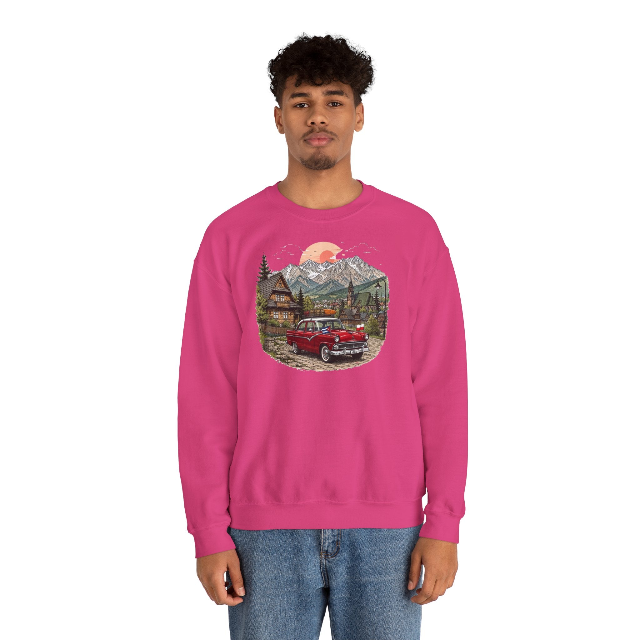 Vintage sweatshirt with the image of a Classic Cuban car in the mountains of Zakopane, Poland