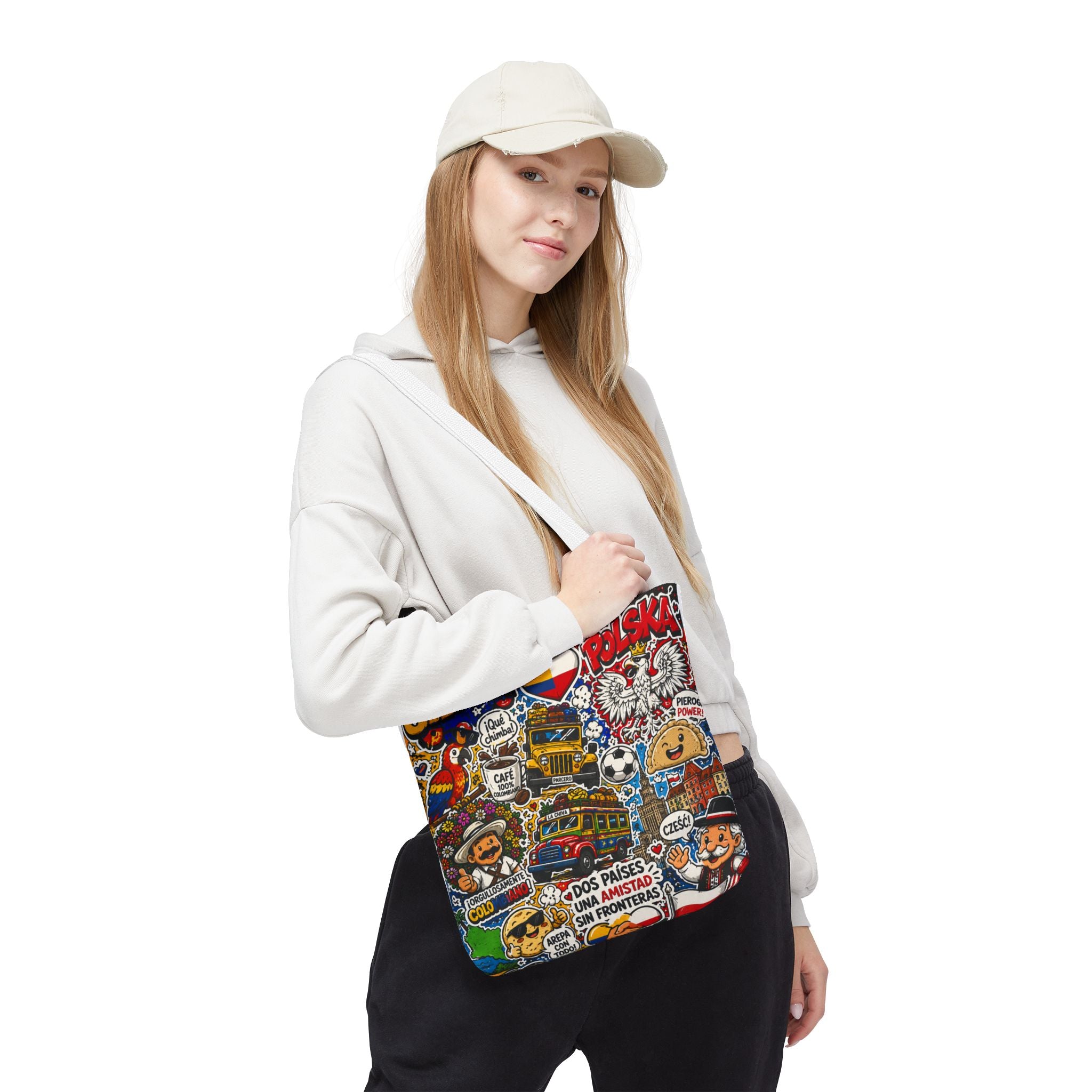 Colombia + Poland Friendship Tote Bag — Cultural Sticker Collage AOP