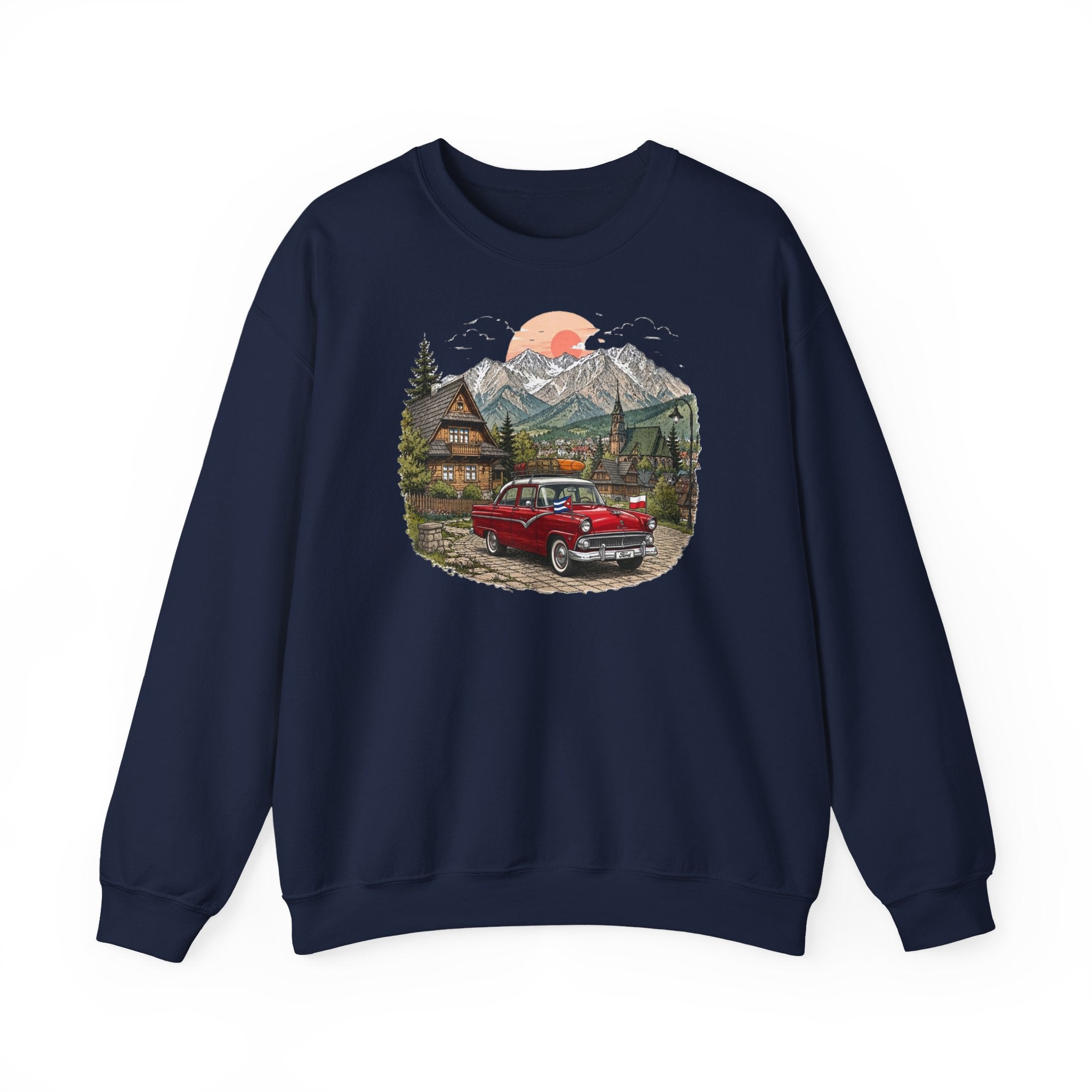 Vintage sweatshirt with the image of a Classic Cuban car in the mountains of Zakopane, Poland