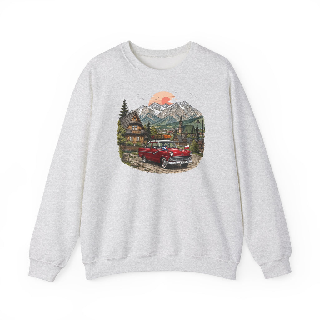Vintage sweatshirt with the image of a Classic Cuban car in the mountains of Zakopane, Poland