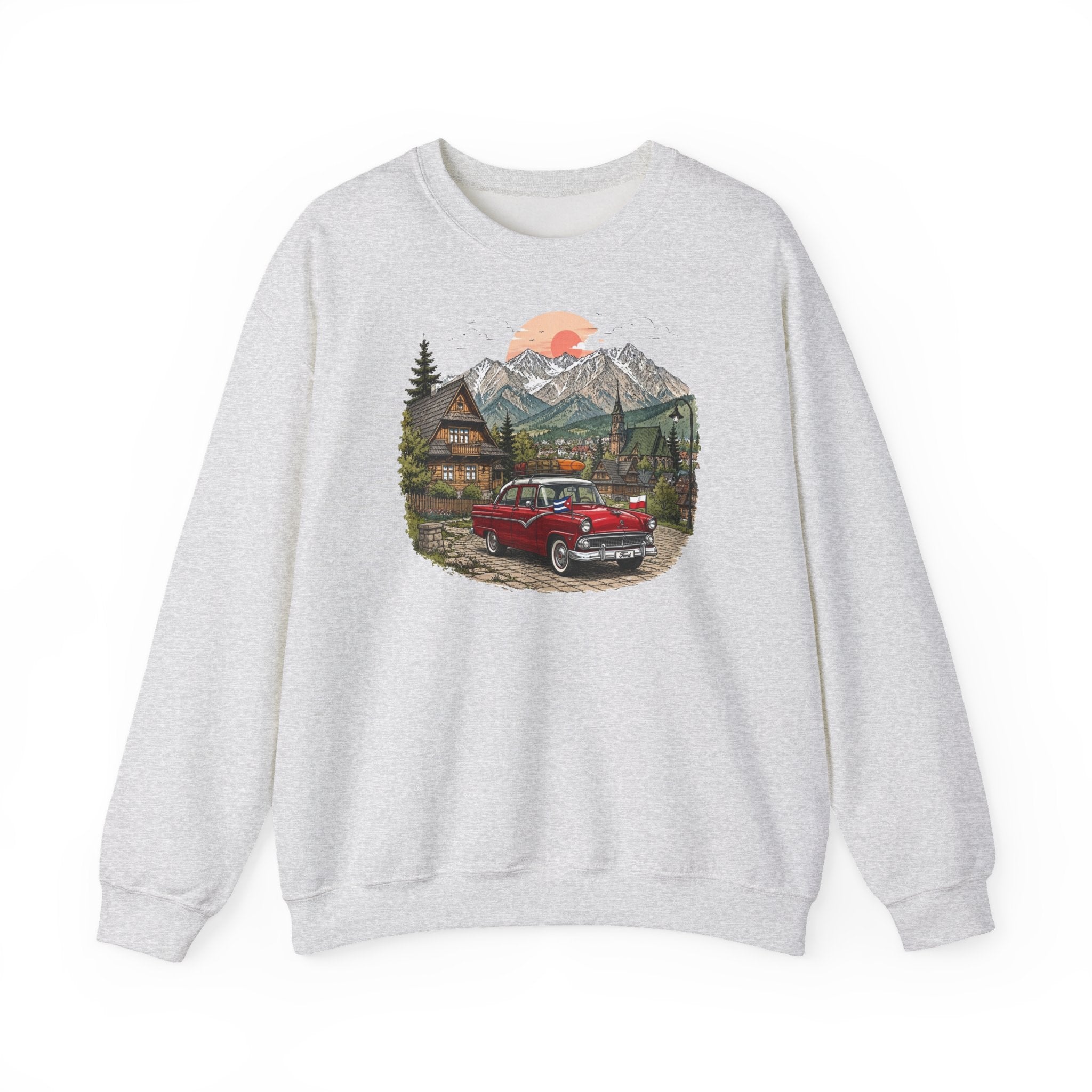 Vintage sweatshirt with the image of a Classic Cuban car in the mountains of Zakopane, Poland