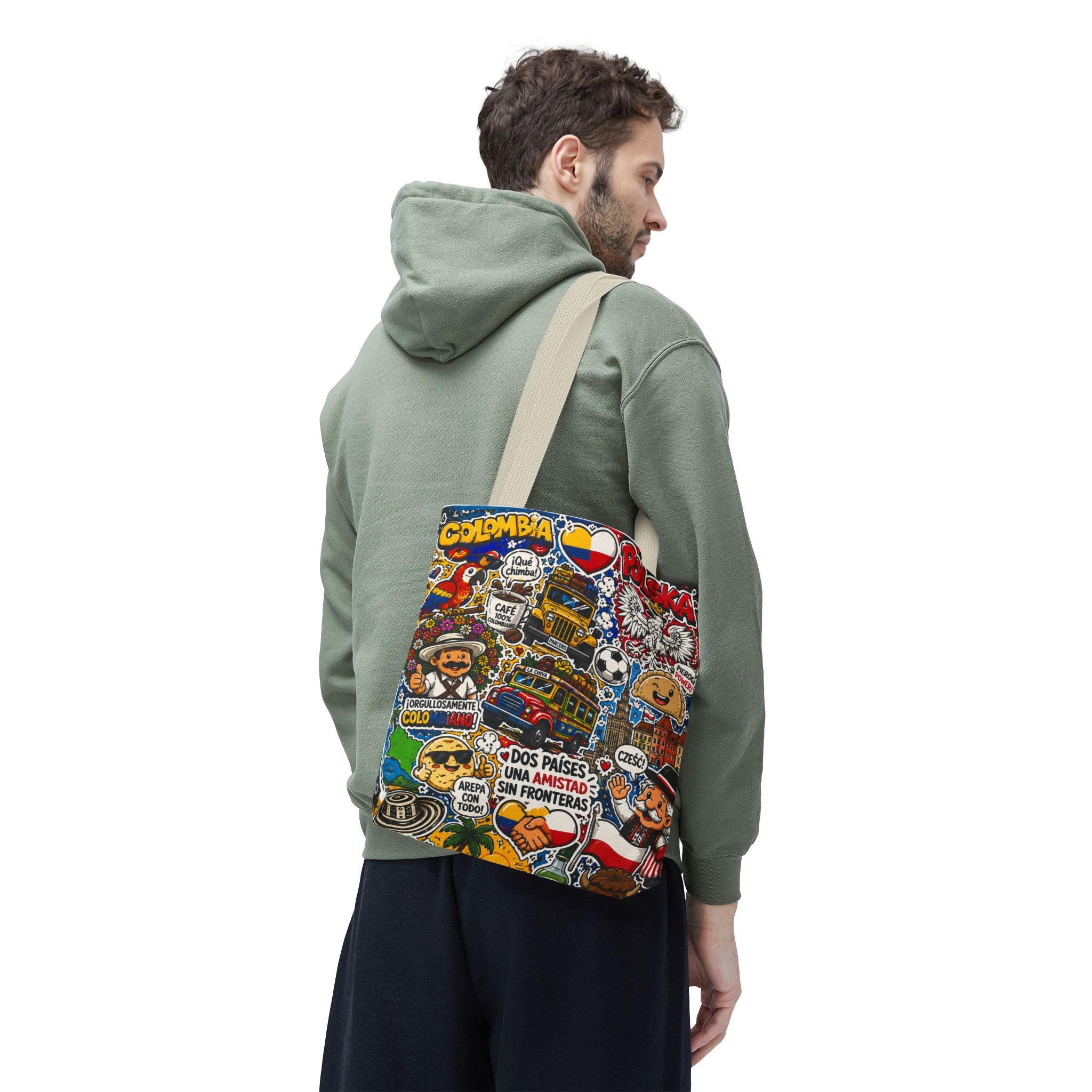 Colombia + Poland Friendship Tote Bag — Cultural Sticker Collage AOP