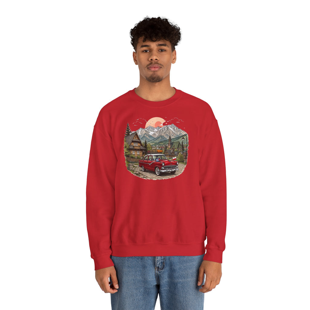 Vintage sweatshirt with the image of a Classic Cuban car in the mountains of Zakopane, Poland