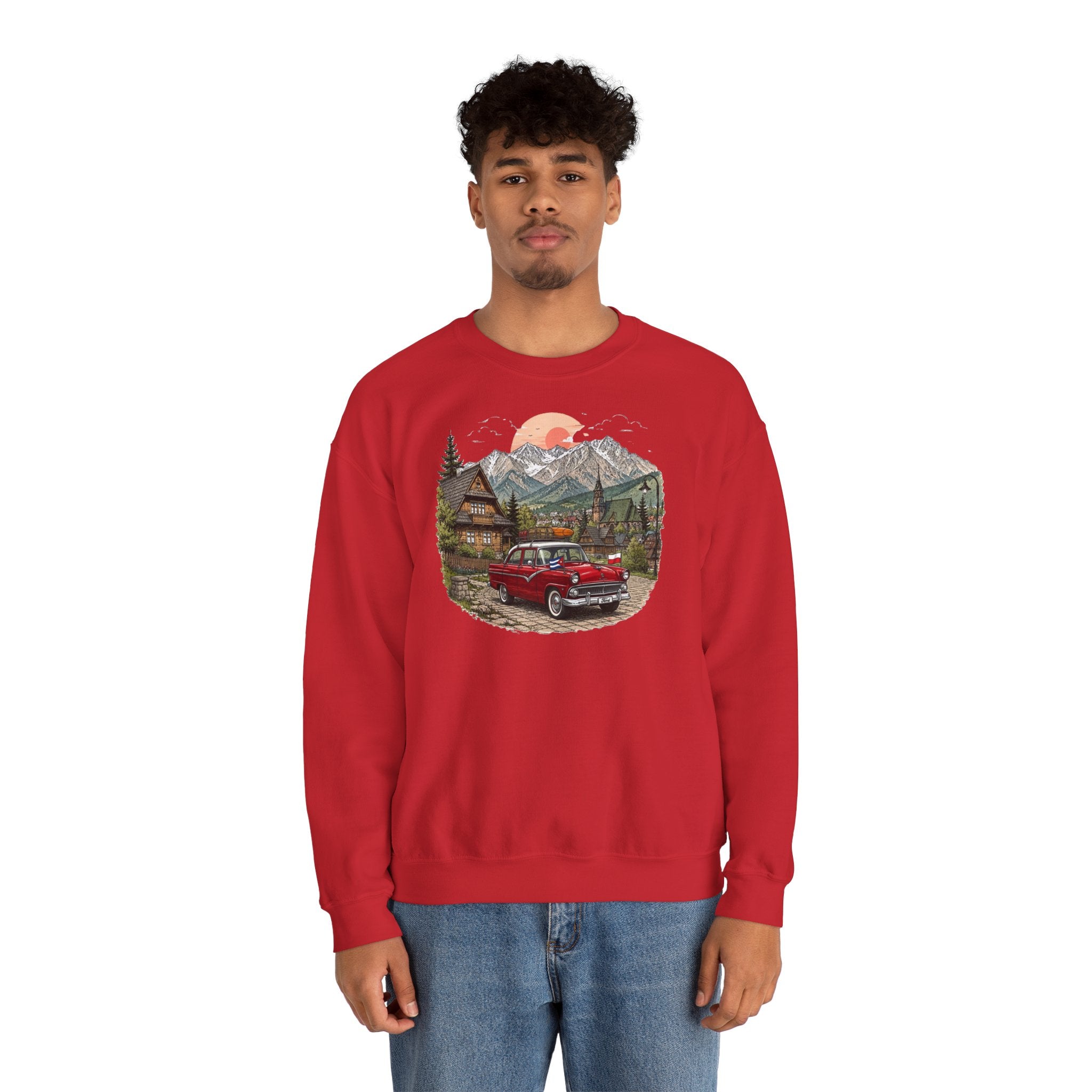 Vintage sweatshirt with the image of a Classic Cuban car in the mountains of Zakopane, Poland