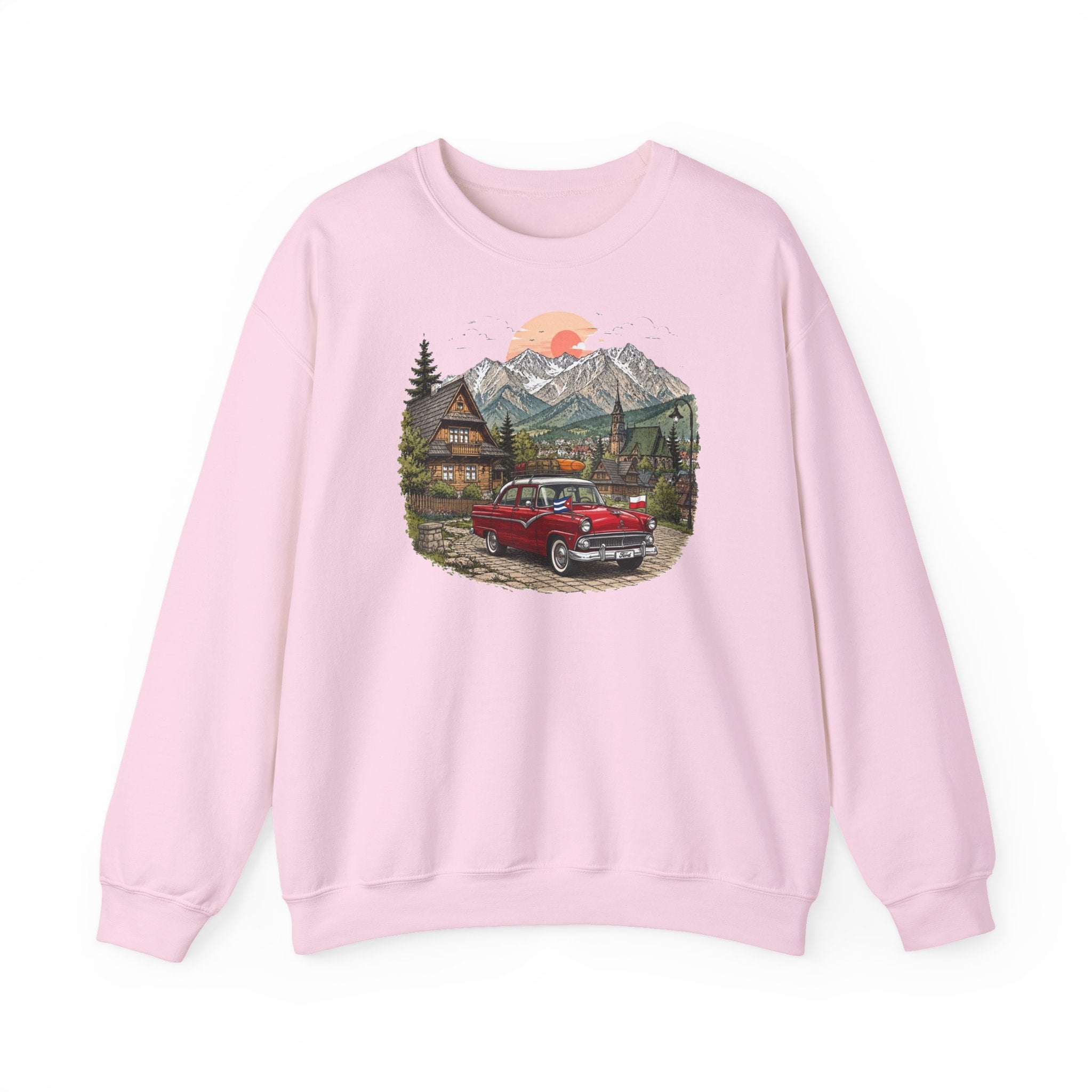 Vintage sweatshirt with the image of a Classic Cuban car in the mountains of Zakopane, Poland