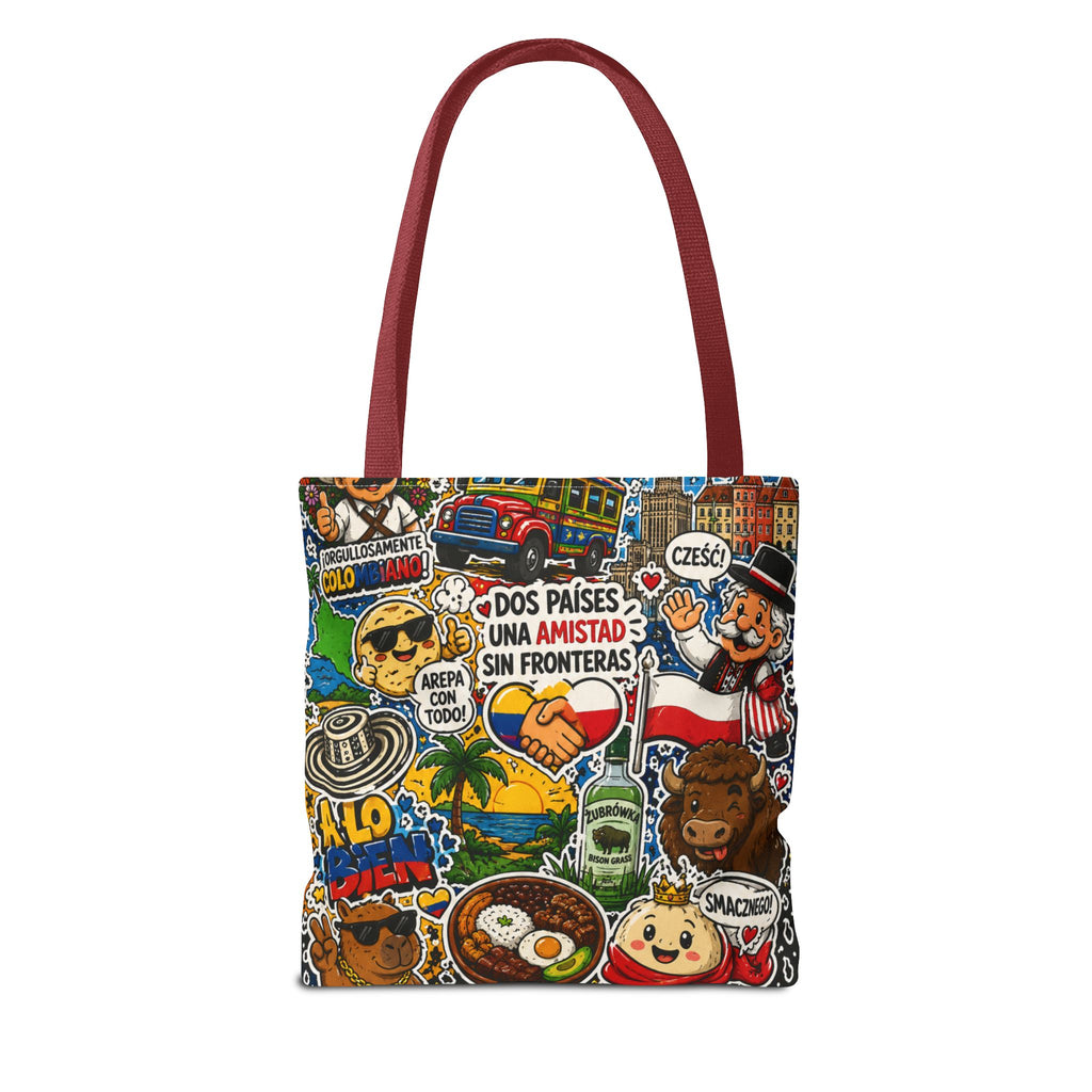 Colombia + Poland Friendship Tote Bag — Cultural Sticker Collage AOP