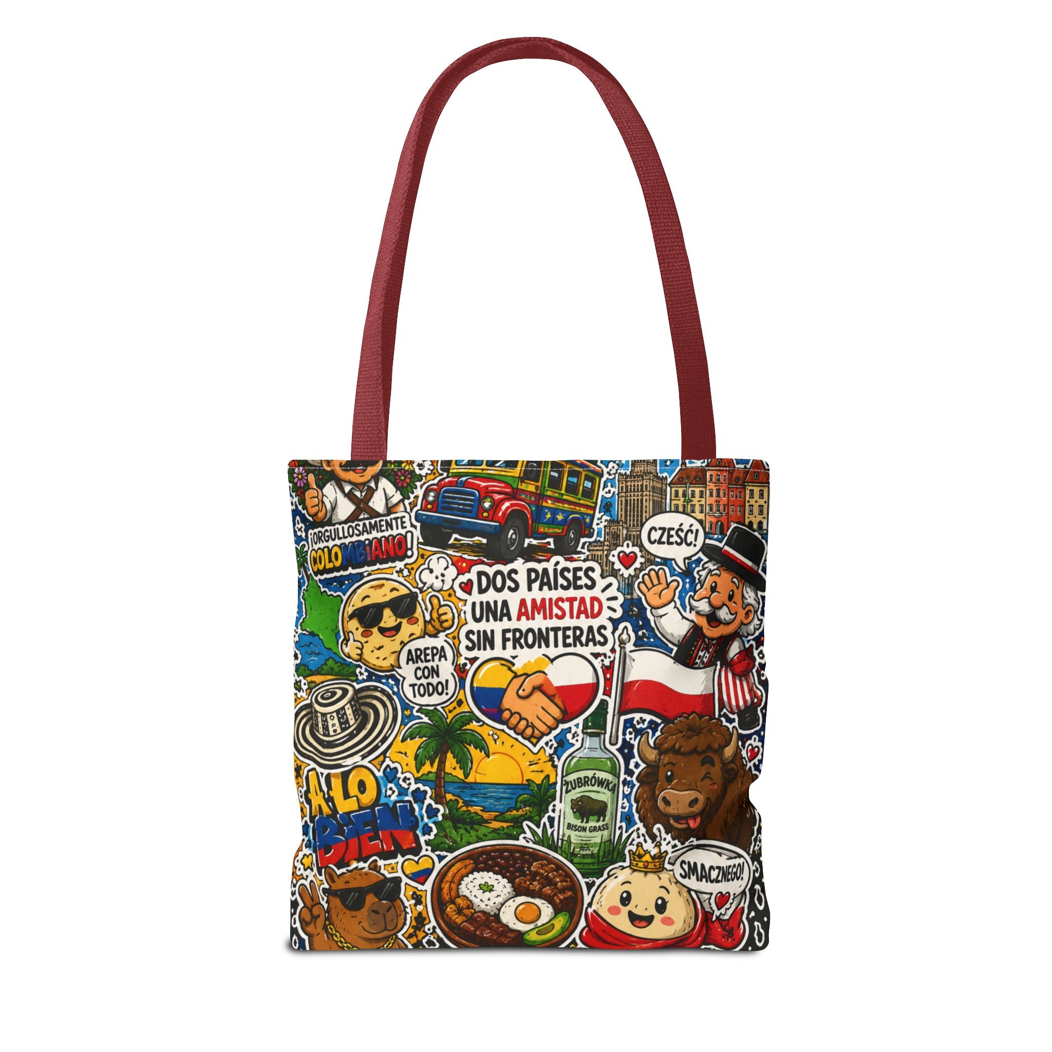 Colombia + Poland Friendship Tote Bag — Cultural Sticker Collage AOP