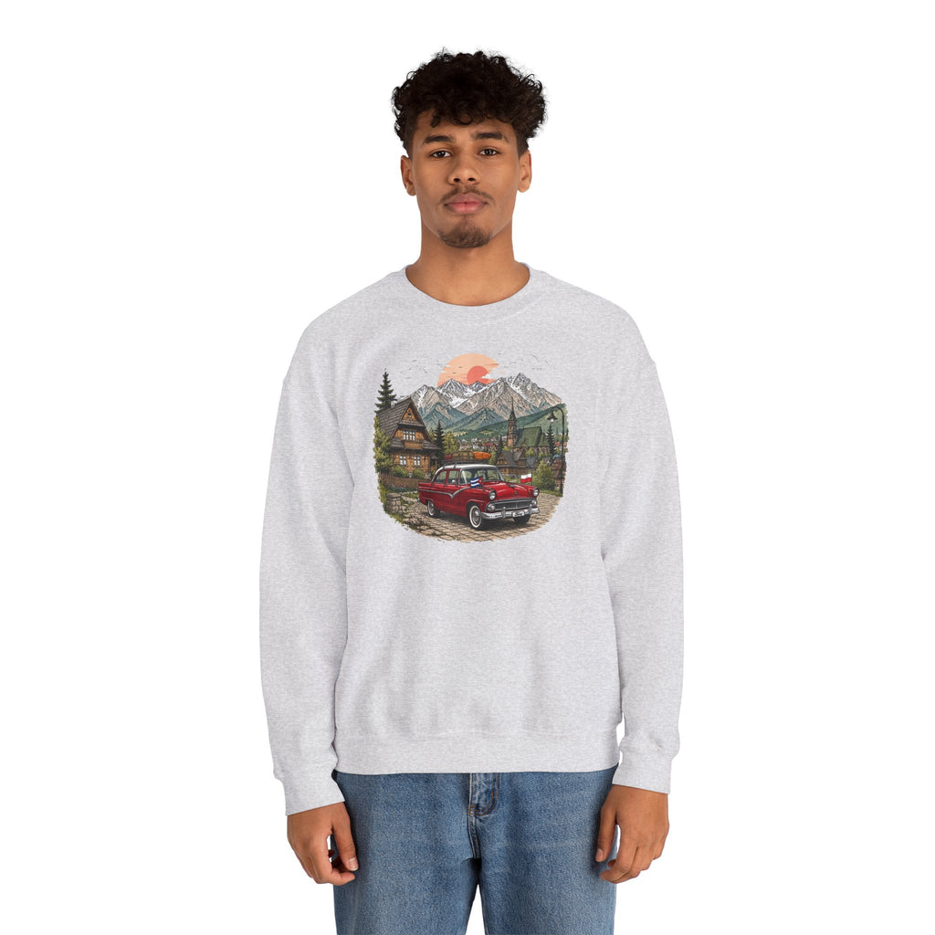 Vintage sweatshirt with the image of a Classic Cuban car in the mountains of Zakopane, Poland