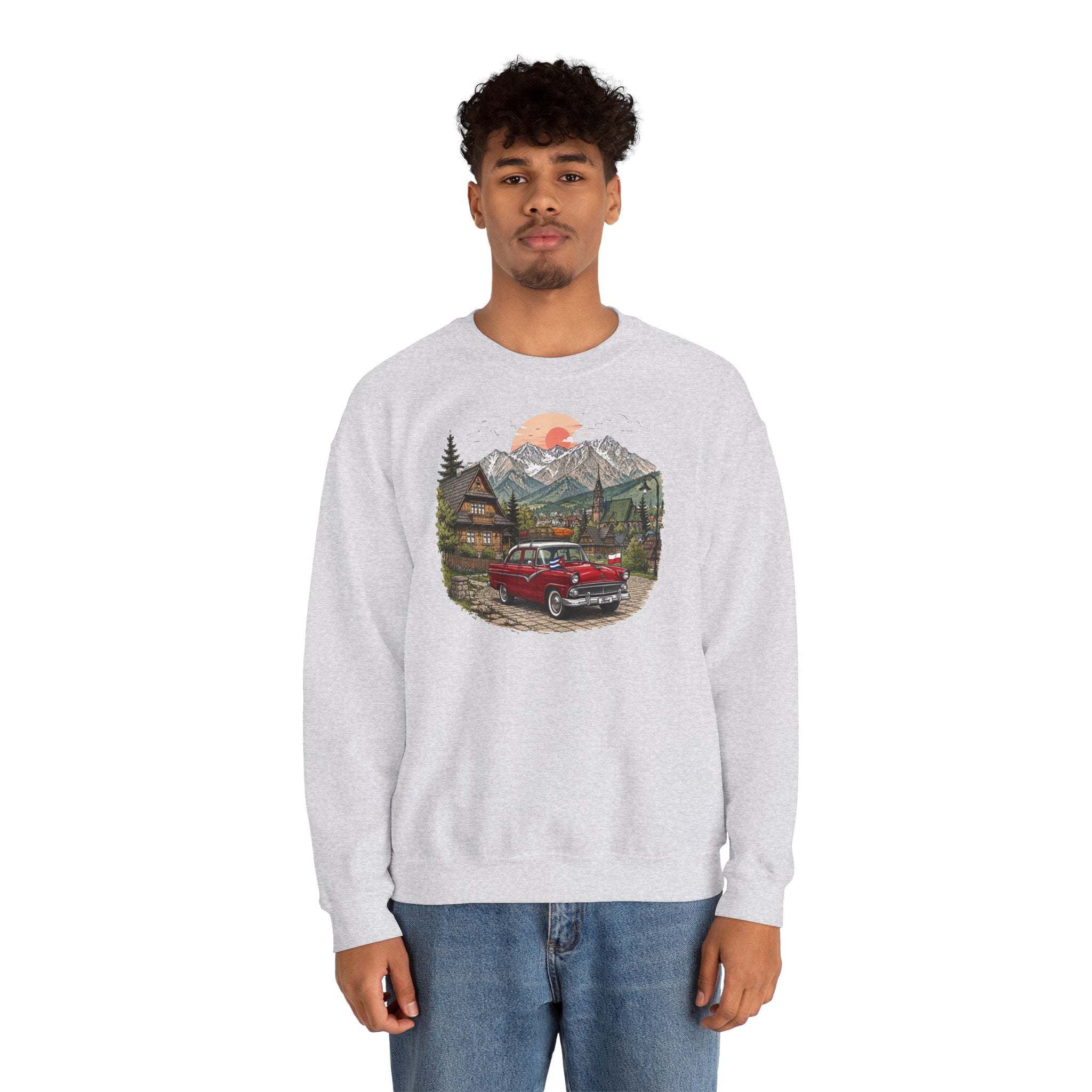 Vintage sweatshirt with the image of a Classic Cuban car in the mountains of Zakopane, Poland